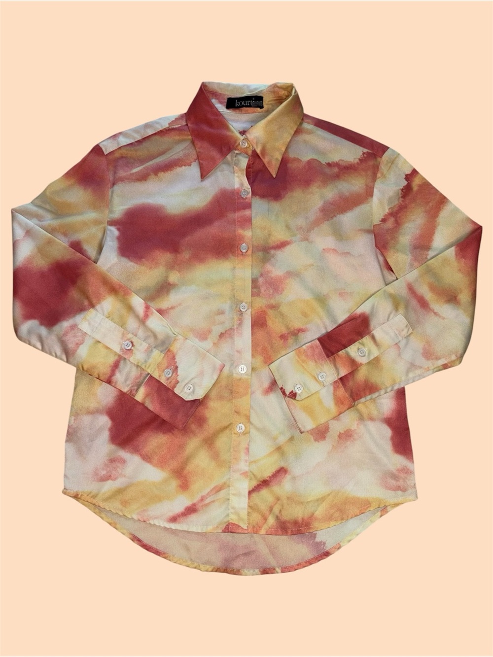 Kourt Tie Dye Long Sleeve Button Up Shirt in Red Orange and Yellow